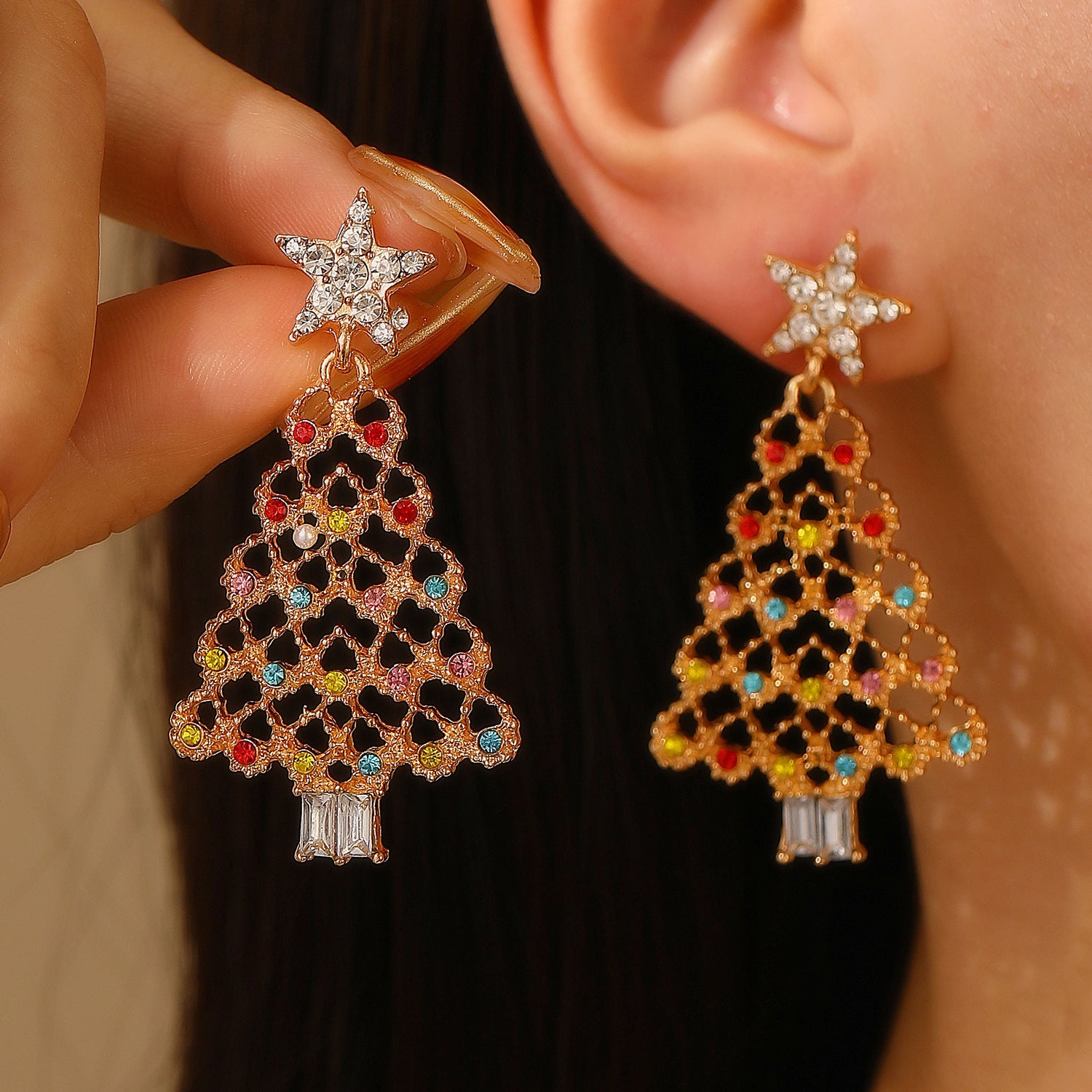 Wholesale Diamond-encrusted Christmas tree earrings